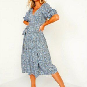 Old Navy XL Blue Floral Midi Short Puff Sleeve Wrap Dress V-neck